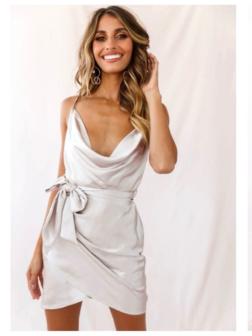 NWT! Selfie Leslie Bebe Satin Cowl Neck Dress - Champagne - Size Small